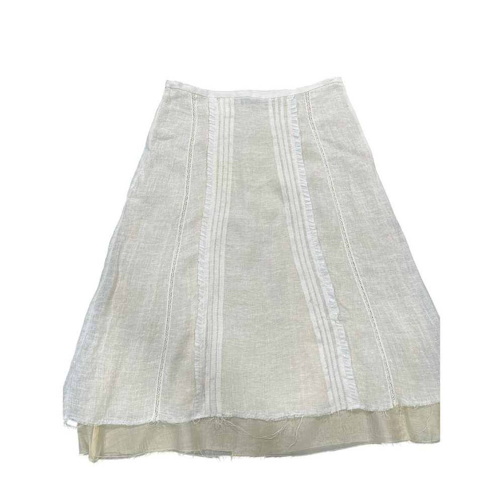 Zara Linen Lace Pintuck Midi Skirt Cream Boho Frayed Hem Small - Picture 3 of 6